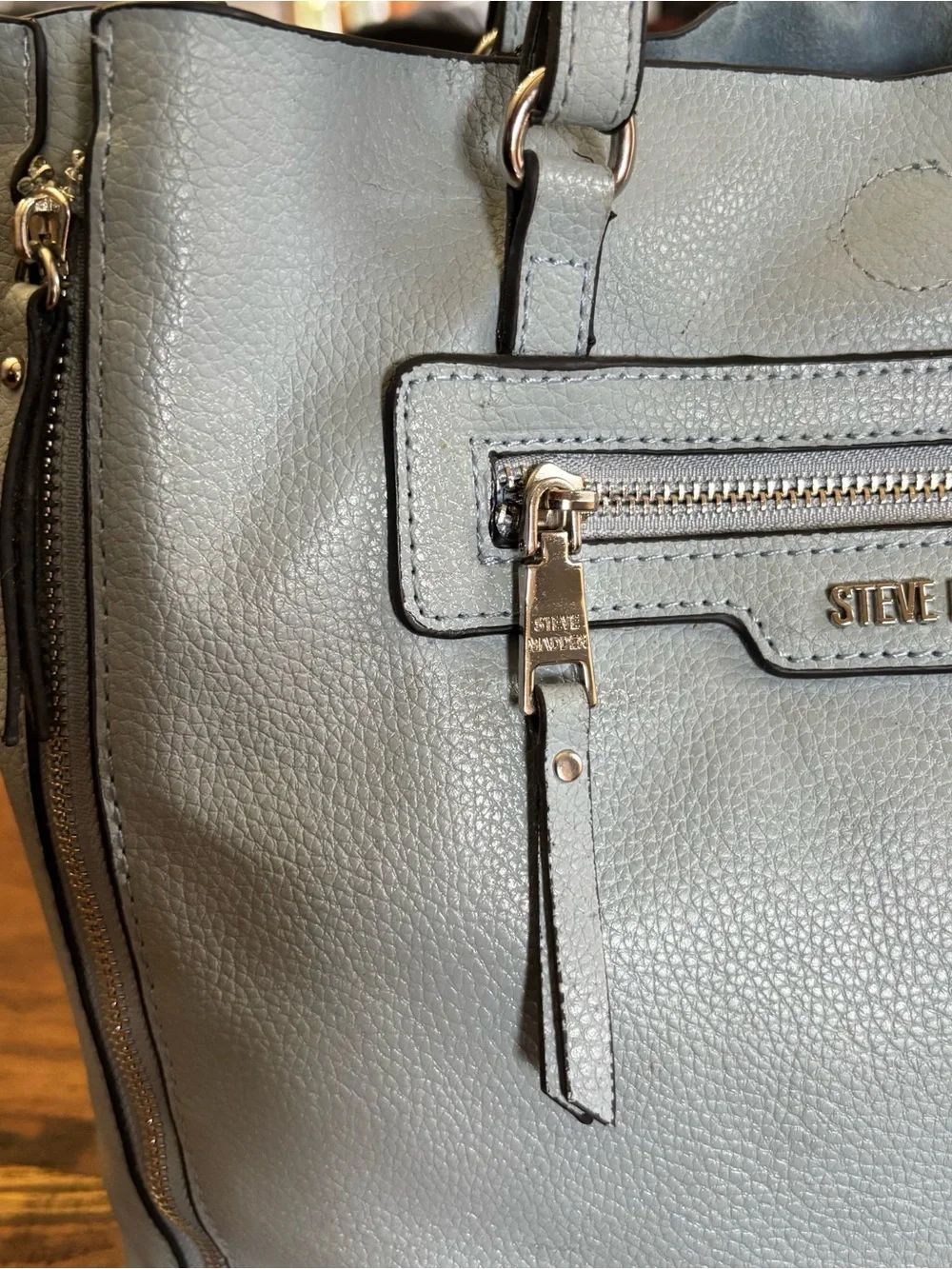 Steve Madden Madison Powder Blue Leather Tote with Front Zip Pocket